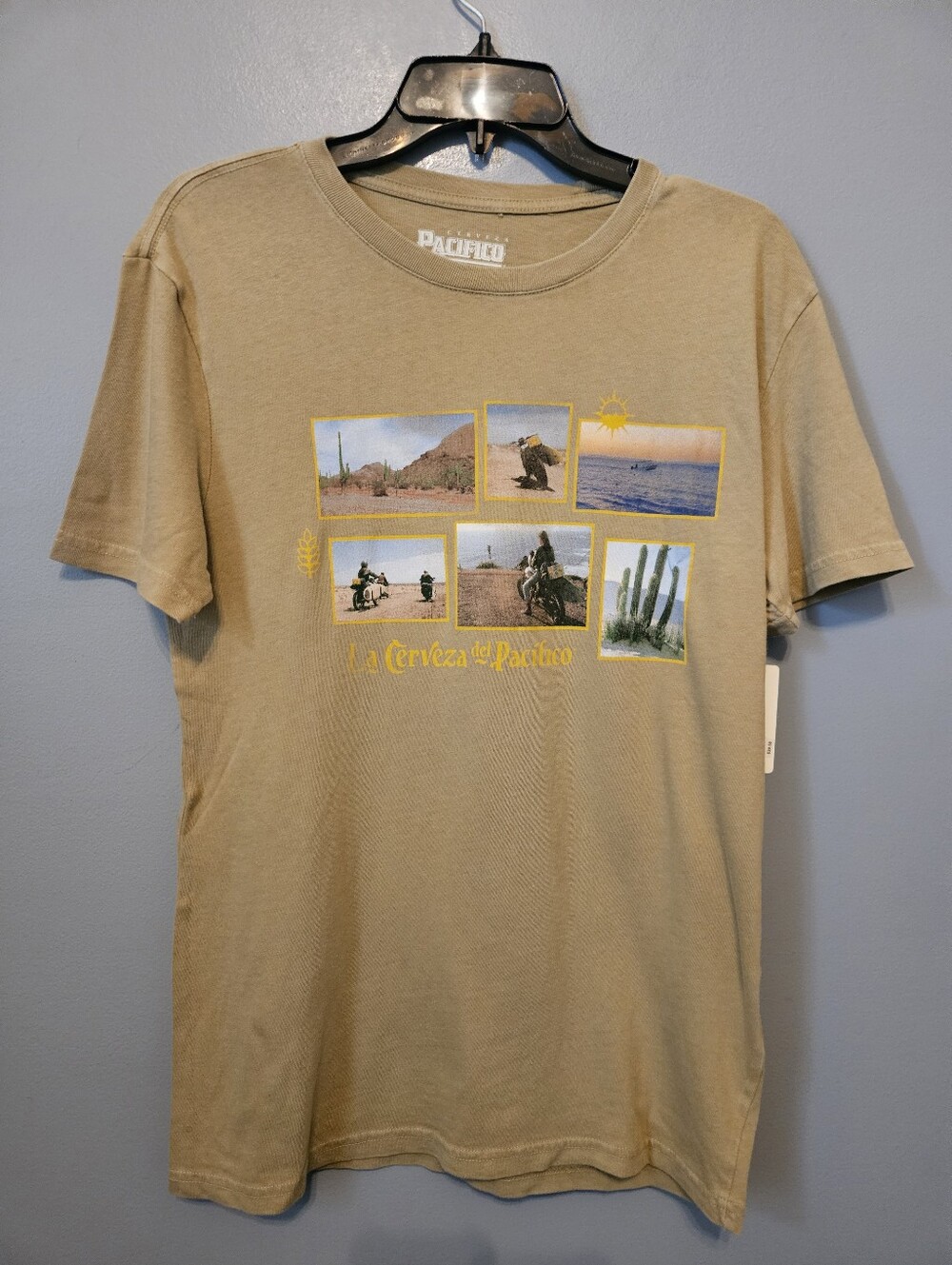 Pacifico Lucky Brand T-Shirt Beige La Cerveza Desert Tagless Motorcycle New